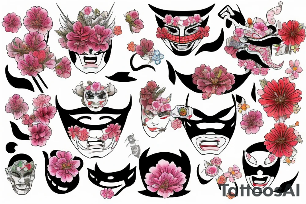 Japan warior, japan mask, flowers tattoo idea