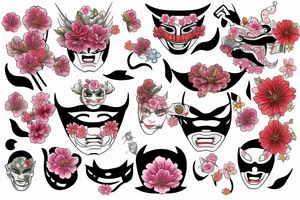 Japan warior, japan mask, flowers tattoo idea