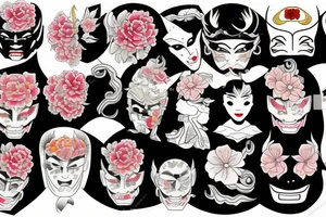 Japan warior, japan mask, flowers tattoo idea