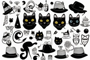 Black cat with a funny hat tattoo idea