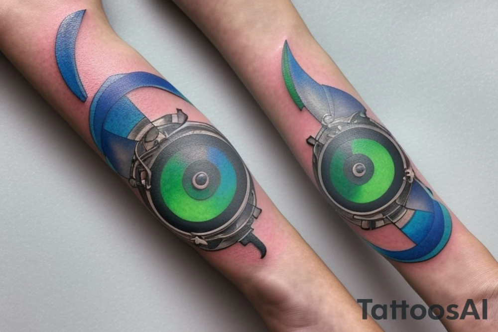 The cog bangle from Final Fantasy 7 with one green and one blue materia inserted into the materia slots tattoo idea