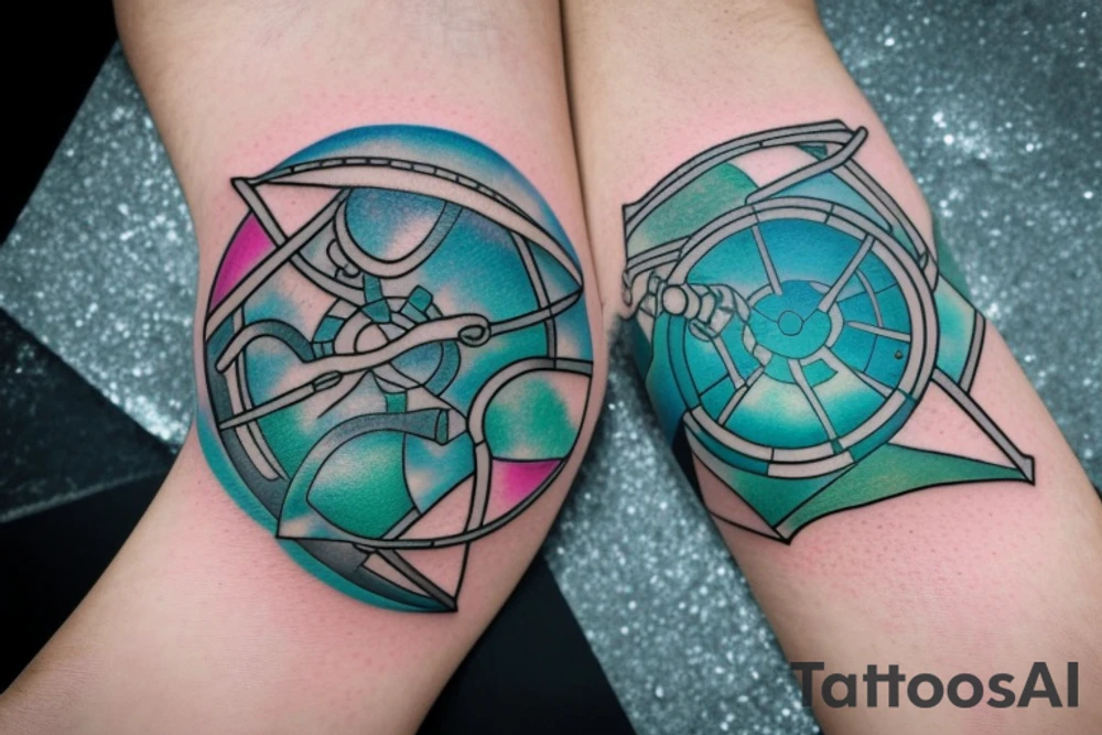 The cog bangle from Final Fantasy 7 with one green and one blue materia inserted into the materia slots tattoo idea