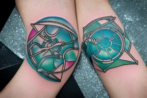 The cog bangle from Final Fantasy 7 with one green and one blue materia inserted into the materia slots tattoo idea