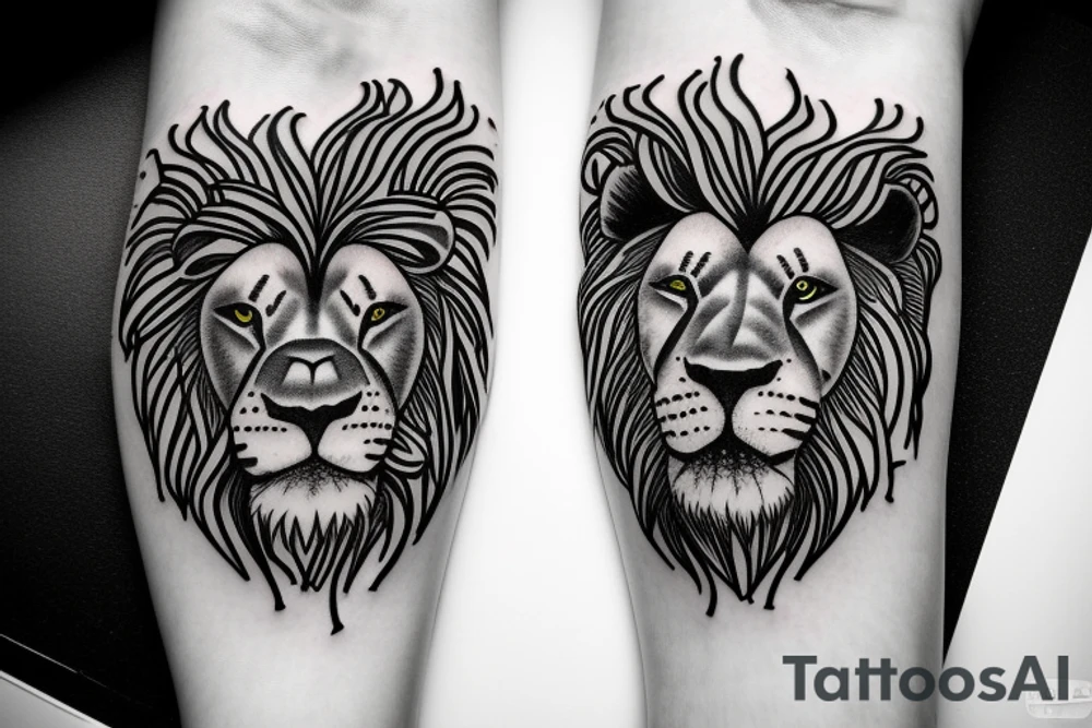 Lion with blues eyes and jungle im the background on forearm tattoo idea