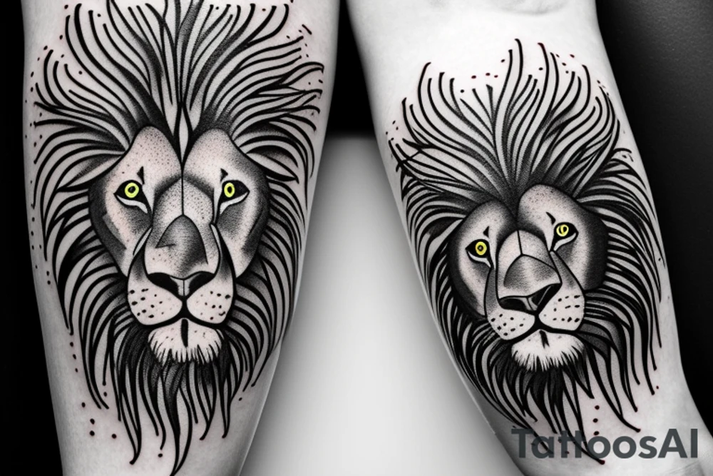 Lion with blues eyes and jungle im the background on forearm tattoo idea