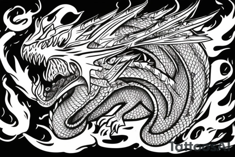 badass dragon fire-breathing on a village of raccoons smoking weed tattoo idea