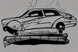 a car hanging on the edge of a precipice, a headless man sits on the car and smokes a blunt tattoo idea