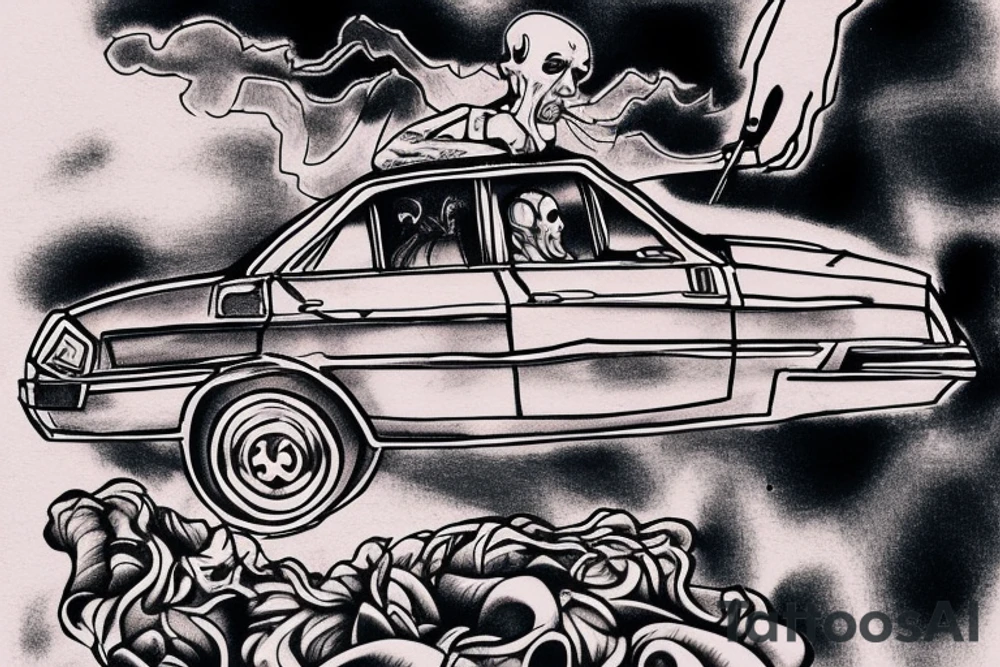 a car hanging on the edge of a precipice, a headless man sits on the car and smokes a blunt tattoo idea
