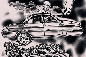 a car hanging on the edge of a precipice, a headless man sits on the car and smokes a blunt tattoo idea
