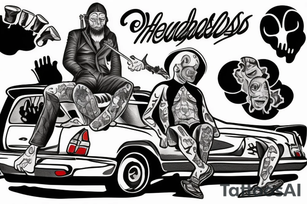 The headless man sits on the car and smokes tattoo idea