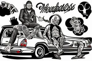 The headless man sits on the car and smokes tattoo idea