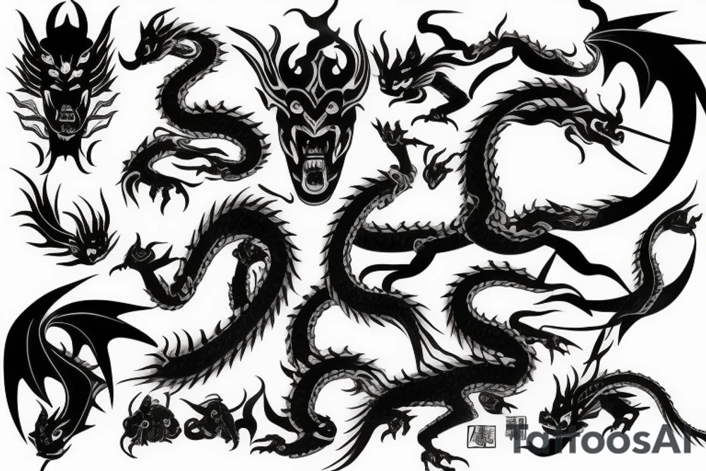 Asian style dark mask, dragon and katana tattoo tattoo idea
