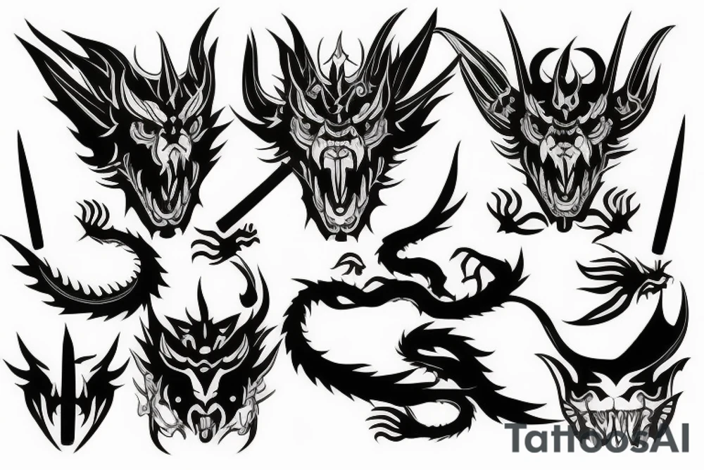 Asian style dark mask, dragon and katana tattoo tattoo idea