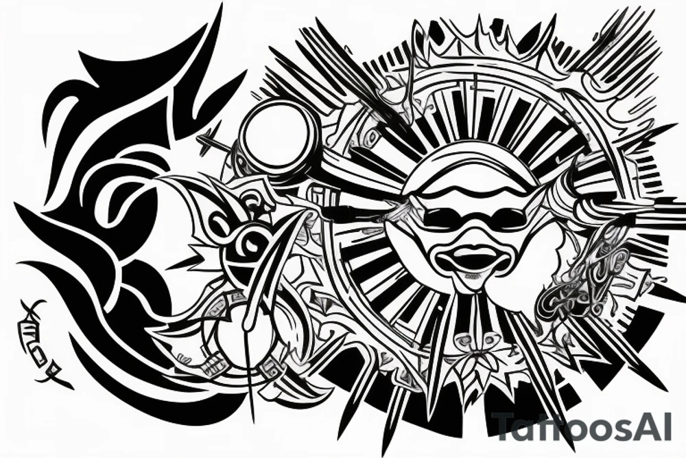 Shining sun surrounded by three blades of light with cyber siglism tattoo idea
