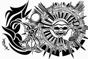 Shining sun surrounded by three blades of light with cyber siglism tattoo idea