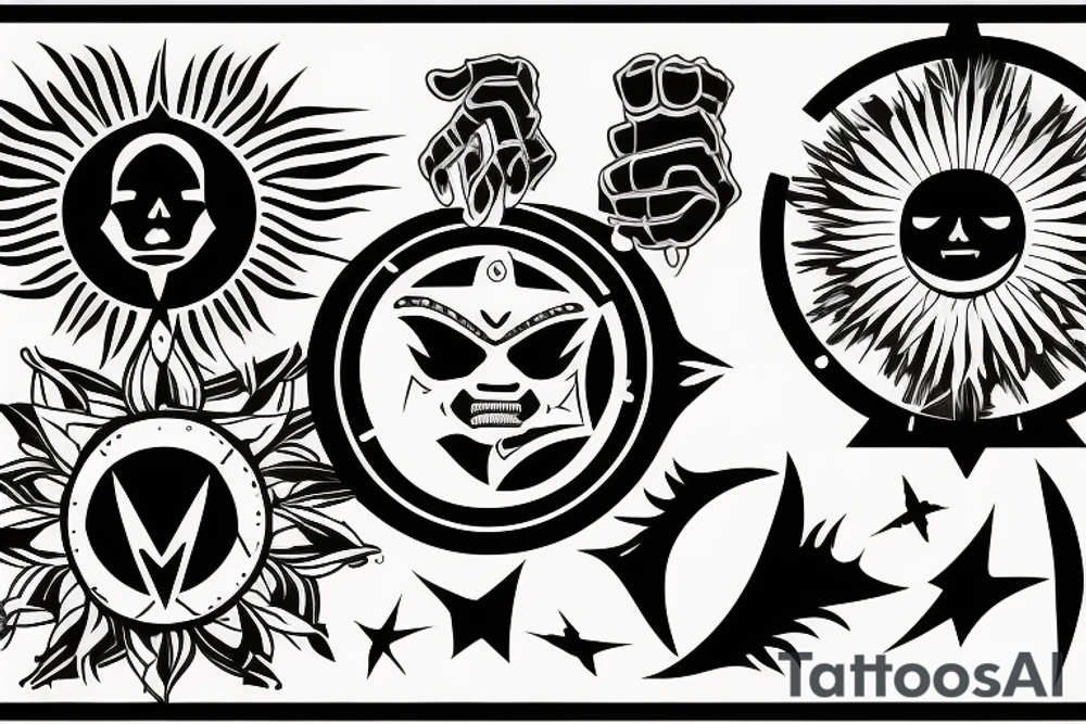 Shining sun surrounded by three blades of light with cyber siglism tattoo idea