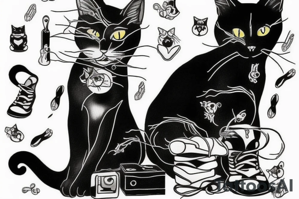 Black cat with shoes tattoo idea