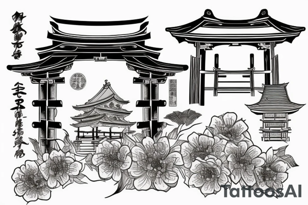 Japanese historical shrine or arch with native Japanese flowers around tattoo idea