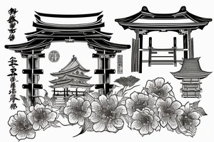 Japanese historical shrine or arch with native Japanese flowers around tattoo idea