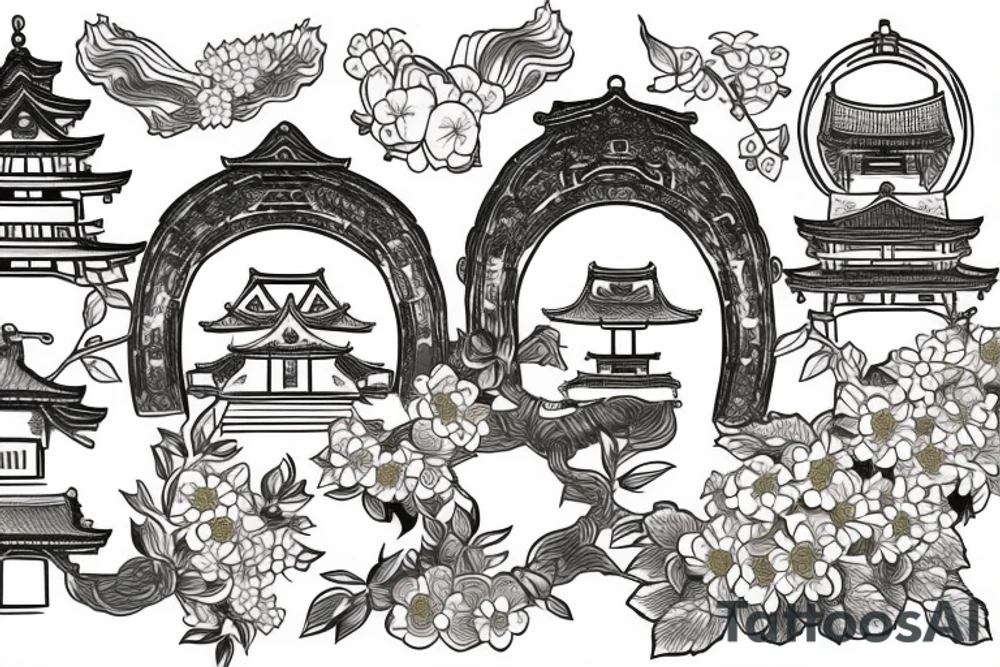 Japanese historical shrine or arch with native Japanese flowers around tattoo idea