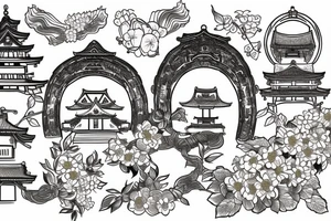 Japanese historical shrine or arch with native Japanese flowers around tattoo idea