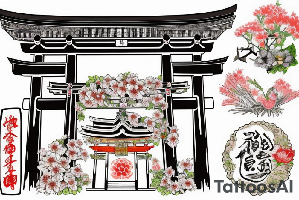 Japanese historical shrine or arch with native Japanese flowers around tattoo idea