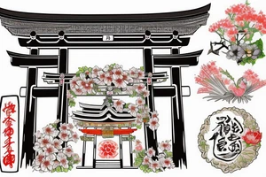 Japanese historical shrine or arch with native Japanese flowers around tattoo idea
