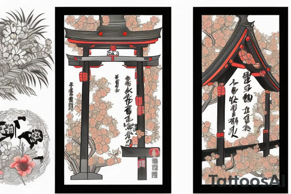 Japanese historical shrine or arch with native Japanese flowers around tattoo idea