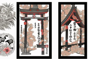 Japanese historical shrine or arch with native Japanese flowers around tattoo idea