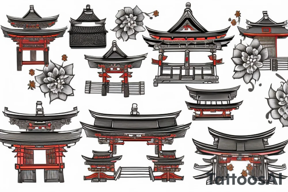 Japanese historical shrine or arch with native Japanese flowers around tattoo idea