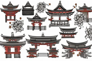 Japanese historical shrine or arch with native Japanese flowers around tattoo idea