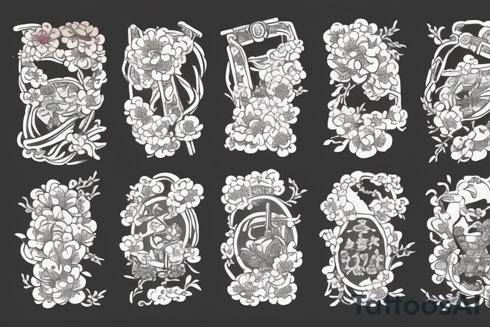 Japanese historical shrine or arch with native Japanese flowers around tattoo idea