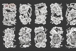 Japanese historical shrine or arch with native Japanese flowers around tattoo idea