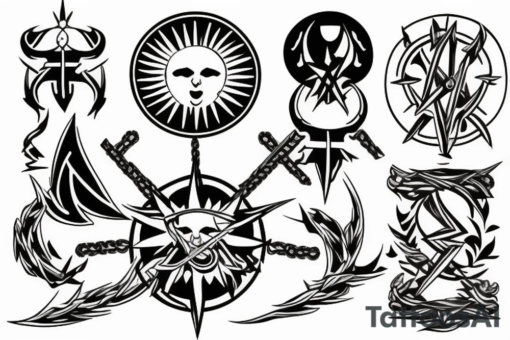 Shining sun surrounded by three swords of light tattoo idea