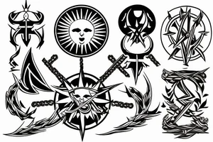 Shining sun surrounded by three swords of light tattoo idea