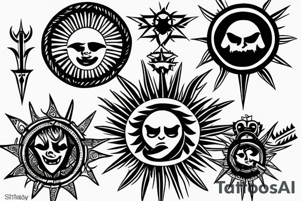 Shining sun surrounded by three swords of light tattoo idea