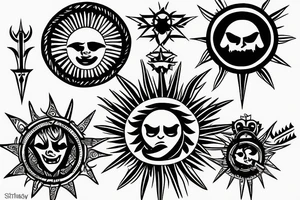 Shining sun surrounded by three swords of light tattoo idea