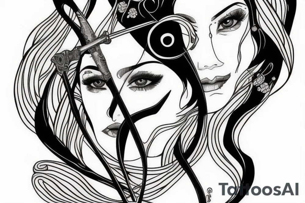 Reflection of womens eyed on sword tattoo idea