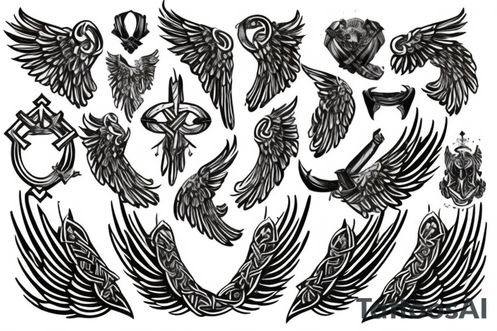 Angel wing with Viking-inspired elements or symbole tattoo idea