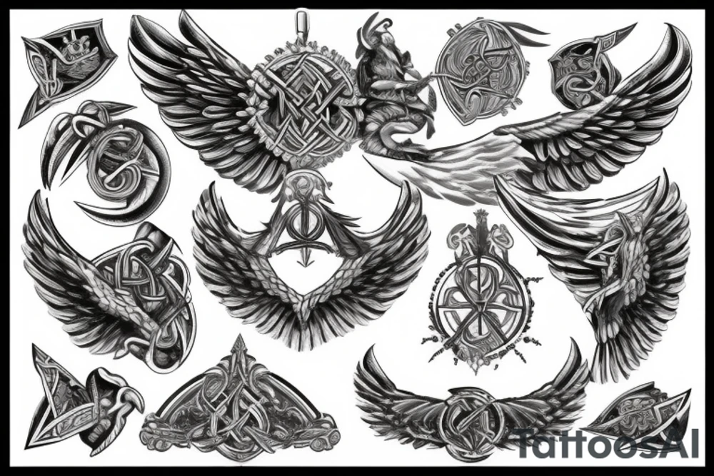 Angel wing with Viking-inspired elements or symbole tattoo idea