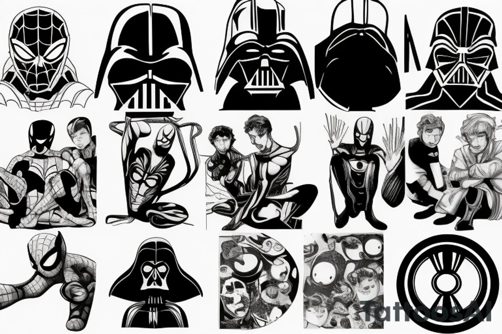 spiderman, iron man, darth vader, scooby doo and naruto sitting and having dinner together tattoo idea