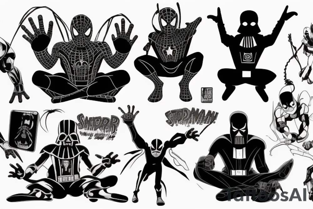 spiderman, iron man, darth vader, scooby doo and naruto sitting and having dinner together tattoo idea