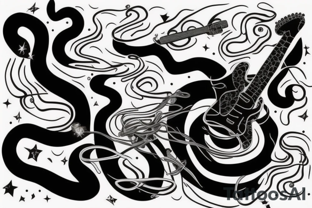 Black Snake with an electric guitar drifting in space. tattoo idea