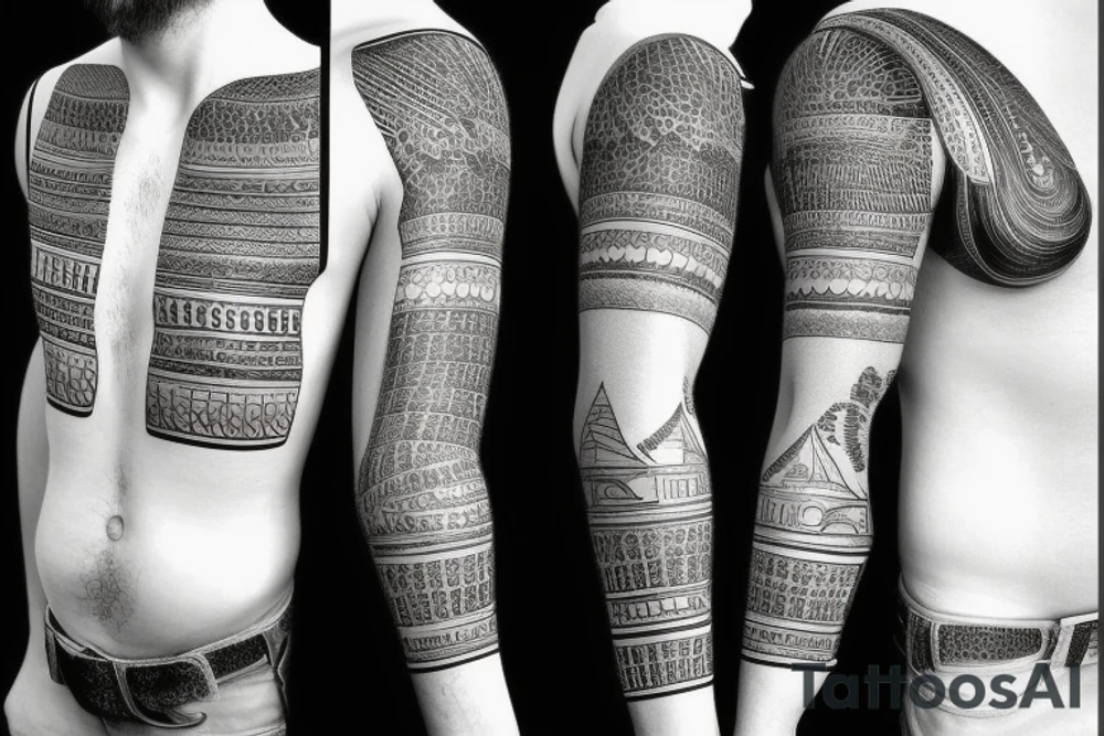 egyptian sleeve with pharaon and landscape tattoo idea