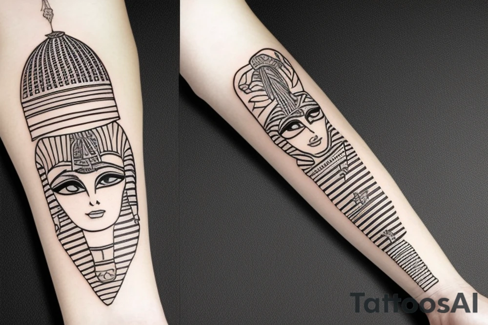 egyptian sleeve with pharaon and landscape tattoo idea