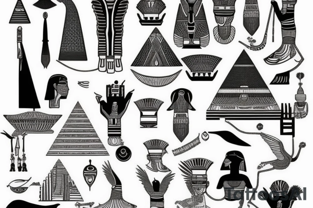 egyptian sleeve with pharaon and landscape tattoo idea