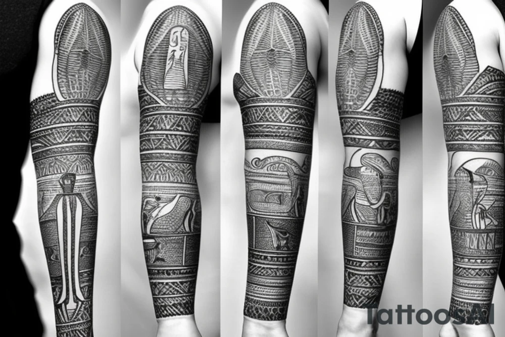 egyptian sleeve with pharaon and landscape tattoo idea