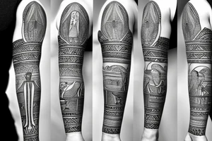egyptian sleeve with pharaon and landscape tattoo idea