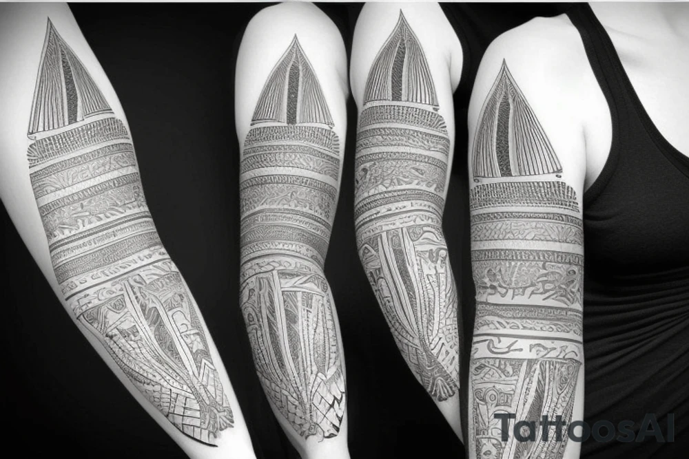 egyptian sleeve with pharaon and landscape tattoo idea