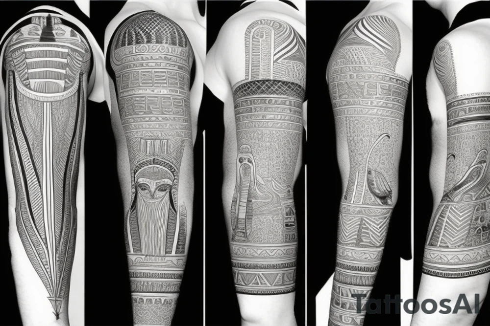 egyptian sleeve with pharaon and landscape tattoo idea
